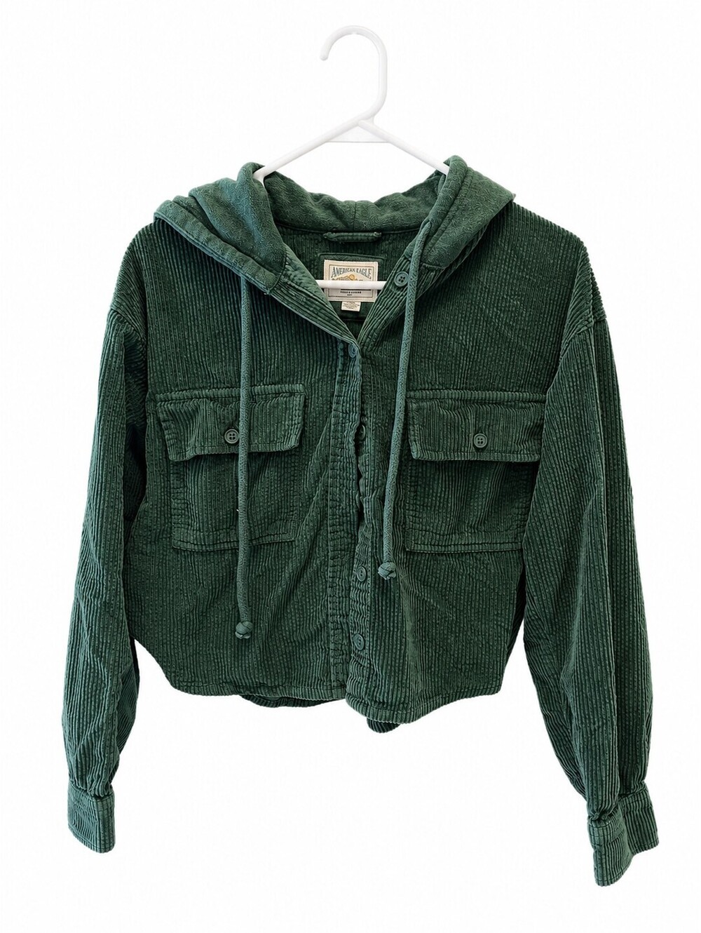 American Eagle Green Corduroy Button-Up Hoodie Jacket, Size Small